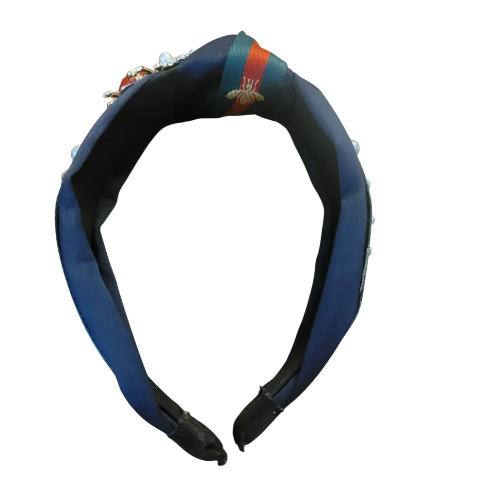 Navy and Red Headband with Pearl Bumblebee Embellishment